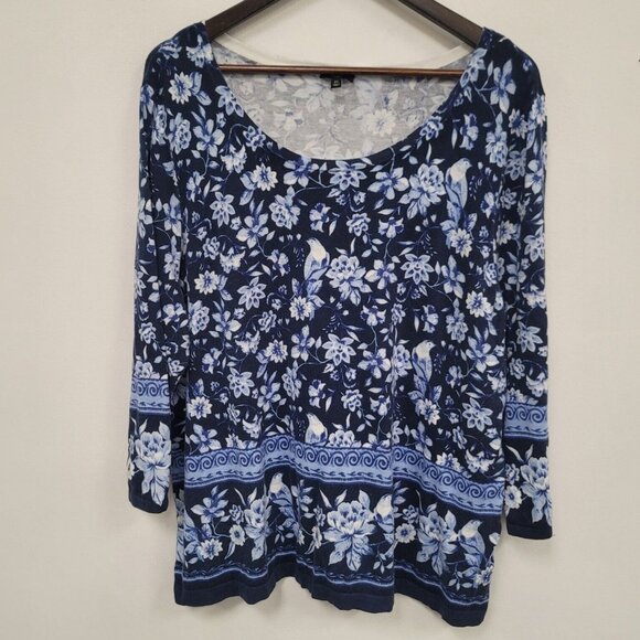 Talbots Womens Boho Floral Top Size 2X Blue Scoop Neck Beachy Tropical Mature - Picture 1 of 8